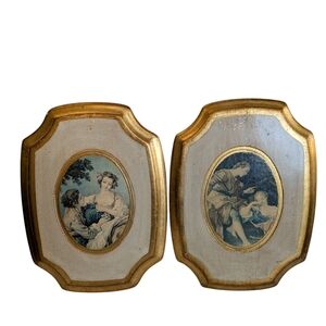 Vintage Italian Florentine Octagonal Wood Plaque Rococo Style Set Of 2